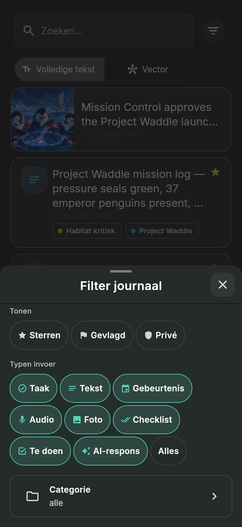 Filterdialoog met gesterred, gemarkeerd, privé, entry-type, en categorie controles over de pinguïn logistiek feed