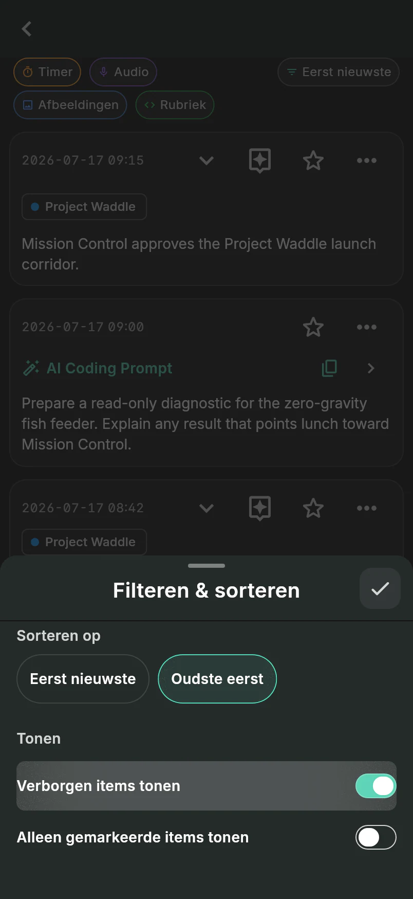Filter en Sorteer sheet over Project Waddle gekoppelde activiteit met de oudste eerste en Toon verborgen items geselecteerd