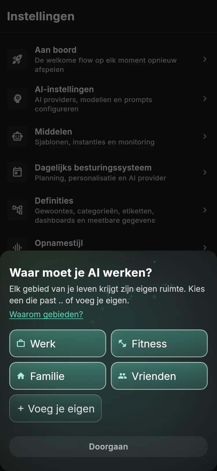 Lotti onboarding werk-gebied kieser met werk, fitness, familie, vrienden, en voeg uw eigen keuzes