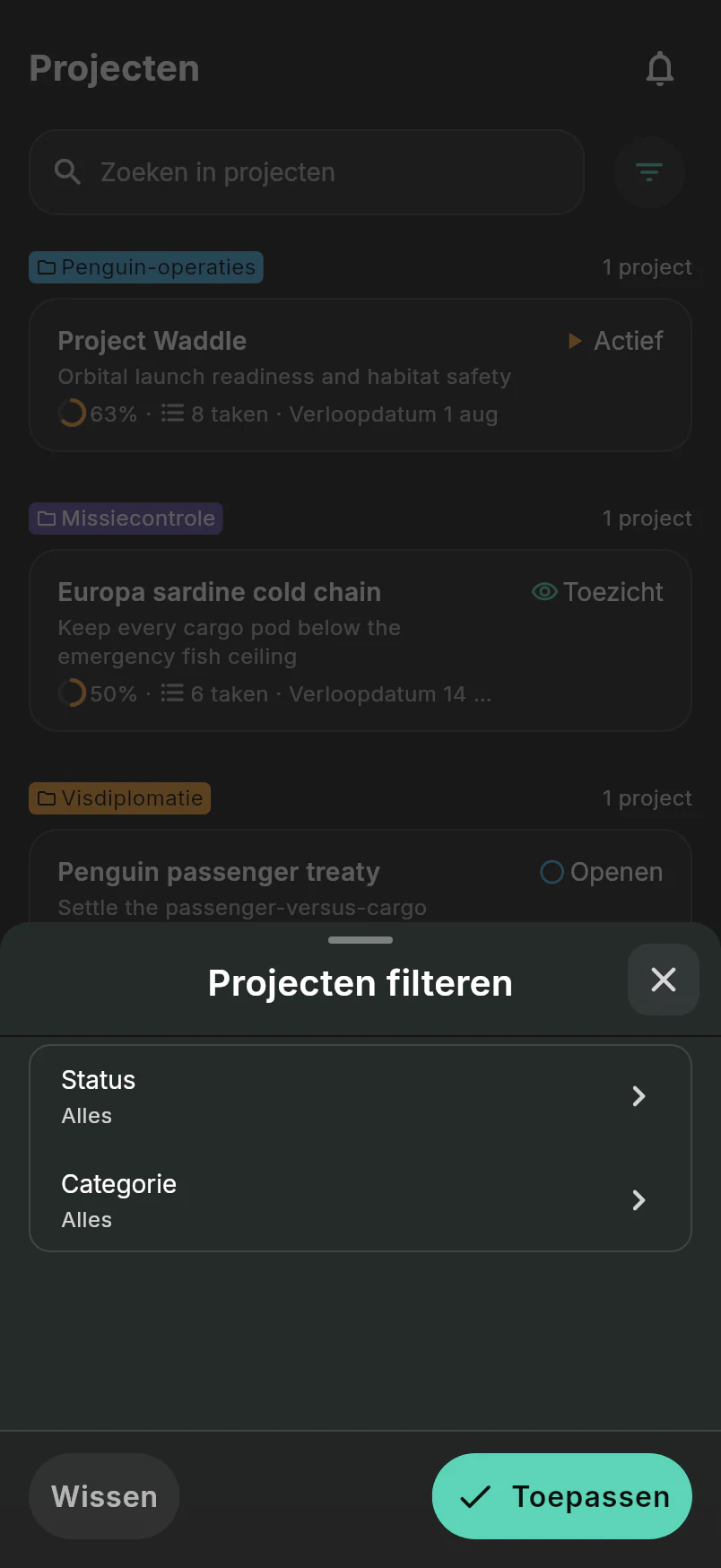 Projectfilterdialoog met status- en categorieregeling over de Intergalactische Penguin Logistics projectlijst