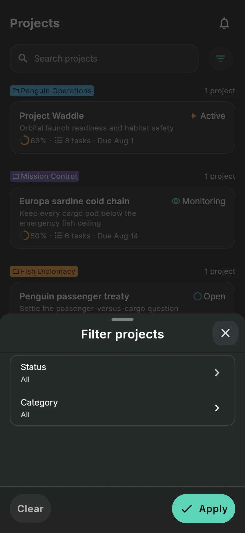 Project filter dialog with status and category controls over the Intergalactic Penguin Logistics project list
