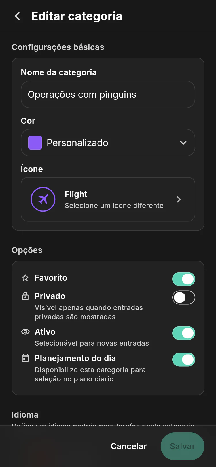 Editor da categoria Penguin Operations mostrando seu nome, identidade de voo roxa e opções favoritas, privadas, ativas e de planejamento diário