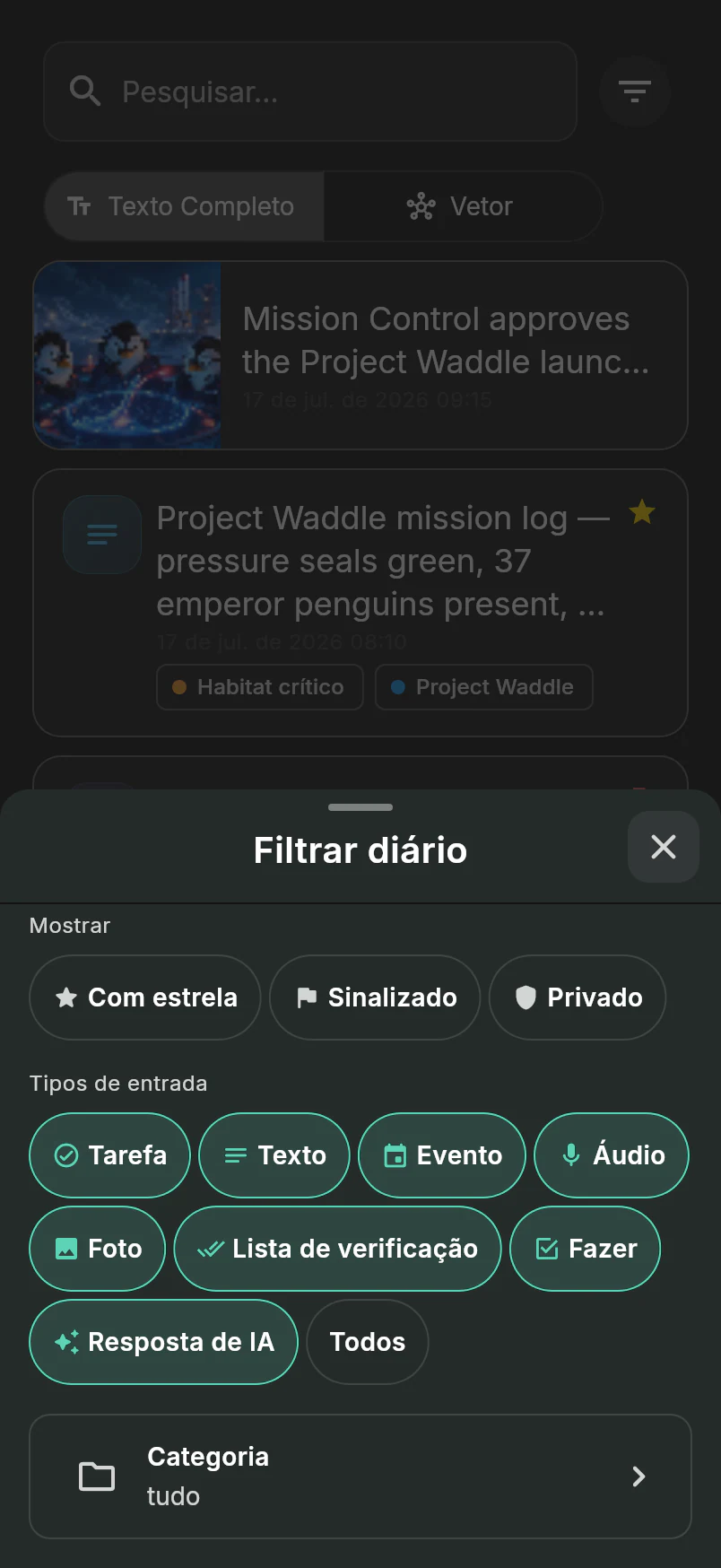 Caixa de diálogo de filtros do Diário com controles de estrela, sinalizador, privacidade, tipo de entrada e categoria sobre o feed de logística dos pinguins
