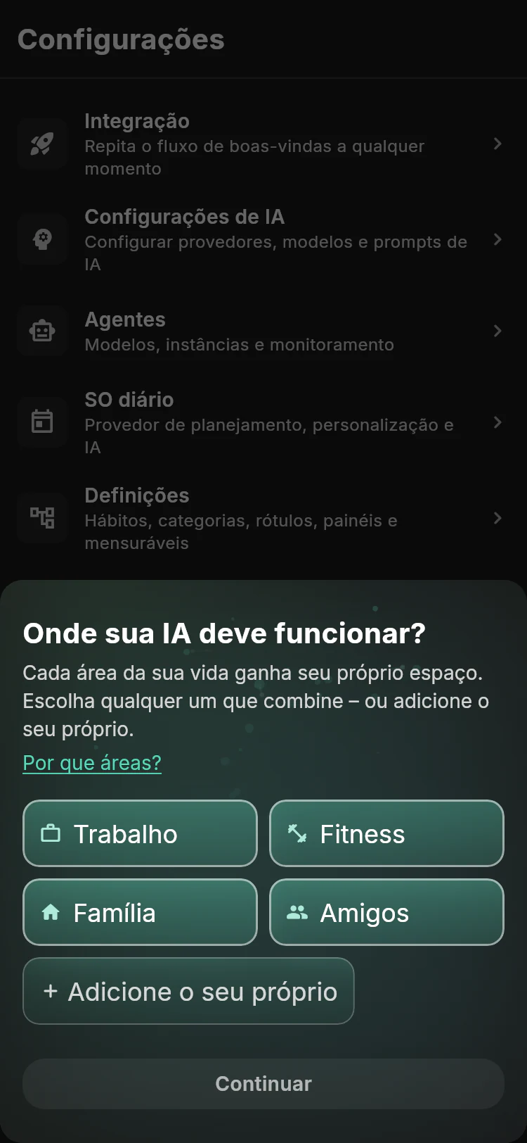 Seletor de área de trabalho de integração Lotti com Trabalho, Fitness, Família, Amigos e Adicione suas próprias escolhas