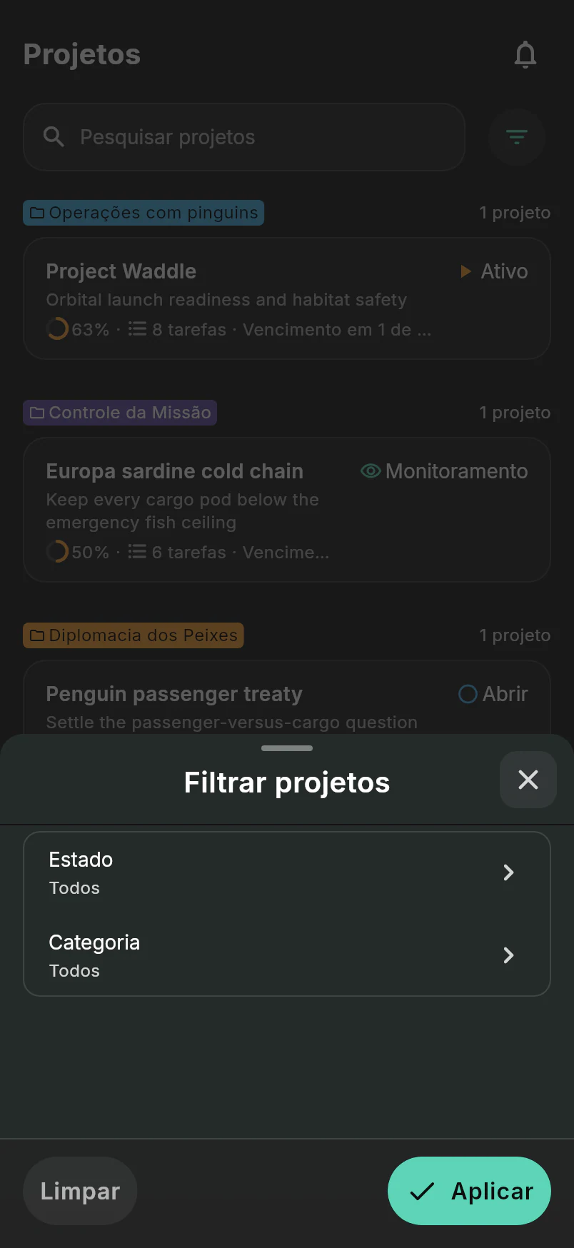 Caixa de diálogo de filtro de projeto com controles de status e categoria na lista de projetos da Intergalactic Penguin Logistics