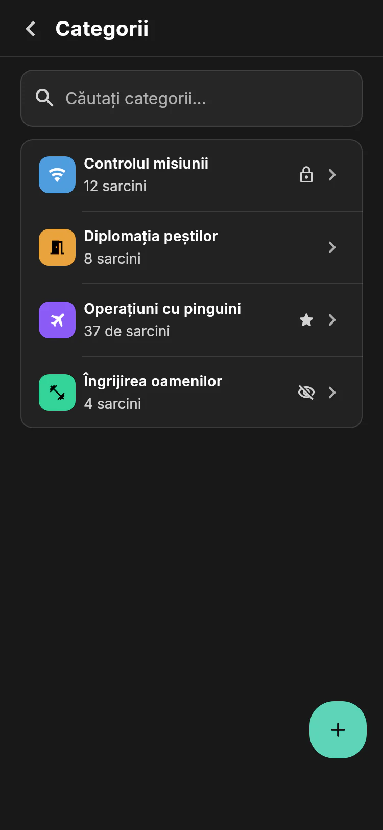 Setările categoriilor, cu Operațiuni cu pinguini, Centrul de comandă, Diplomația peștilor și Întreținerea oamenilor, numărul de sarcini și pictograme de stare