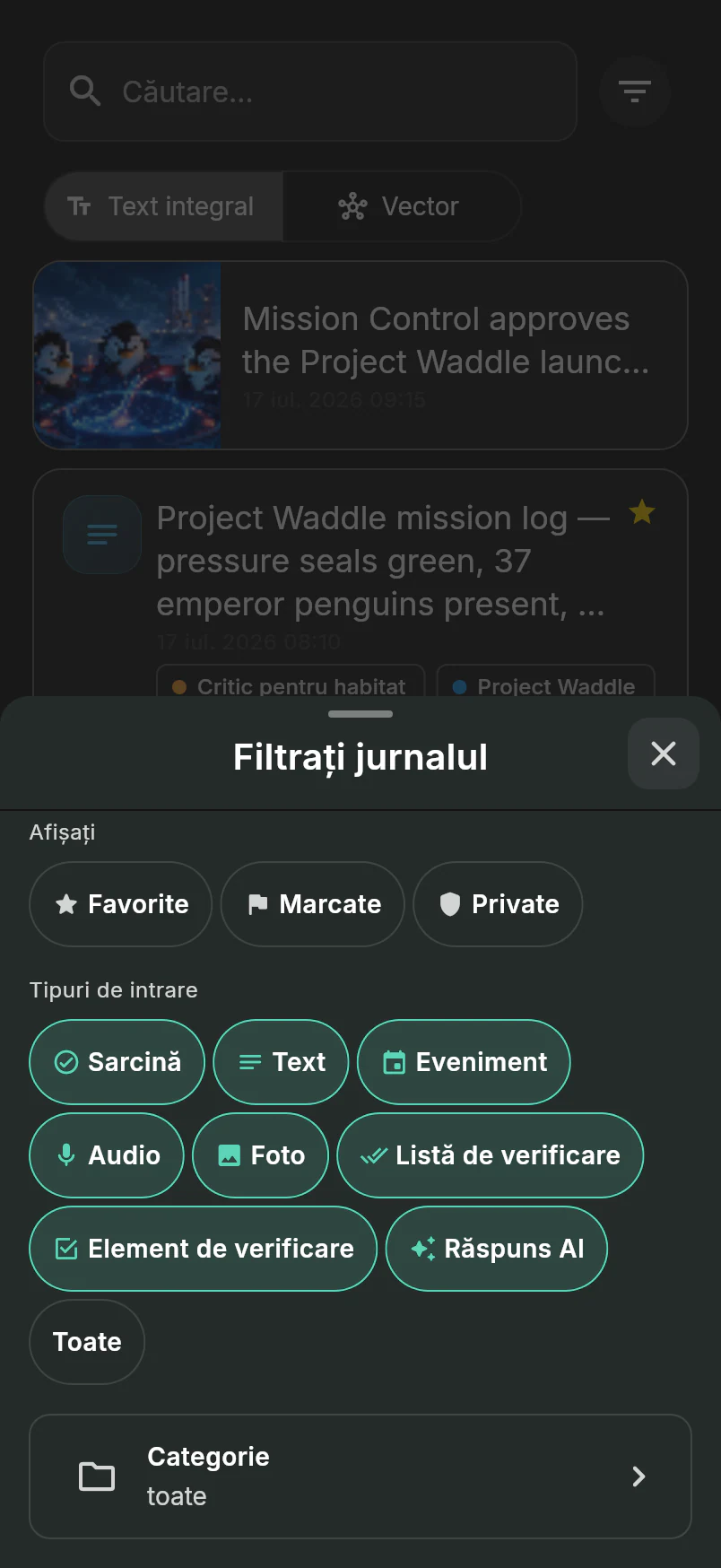 Dialogul de filtrare a Jurnalului, cu controale pentru înregistrări cu stea, marcate, private, tipuri de înregistrare și categorii peste fluxul de logistică a pinguinilor