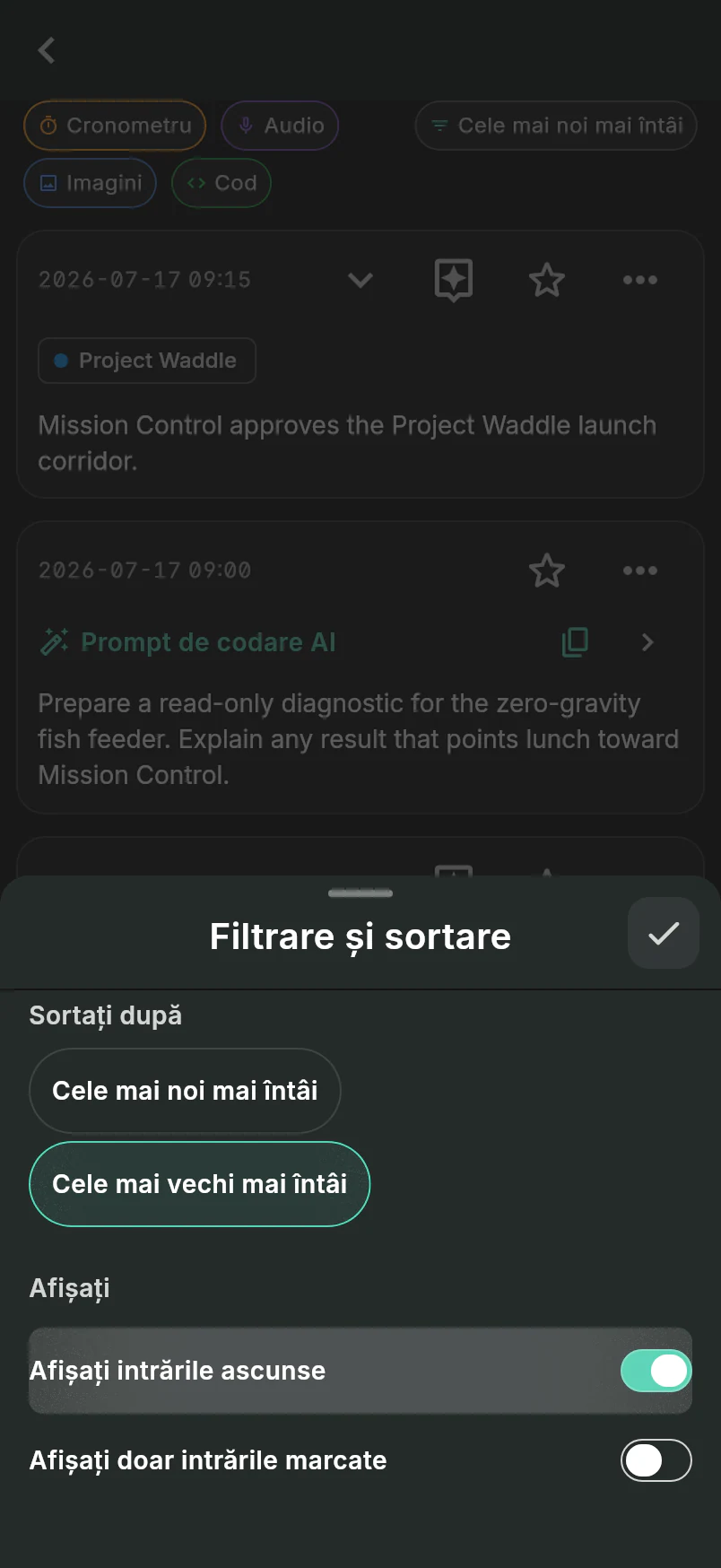 Foaia Filtrați și sortați peste activitatea Project Waddle legată, cu Cele mai vechi primele și Afișați înregistrările ascunse selectate