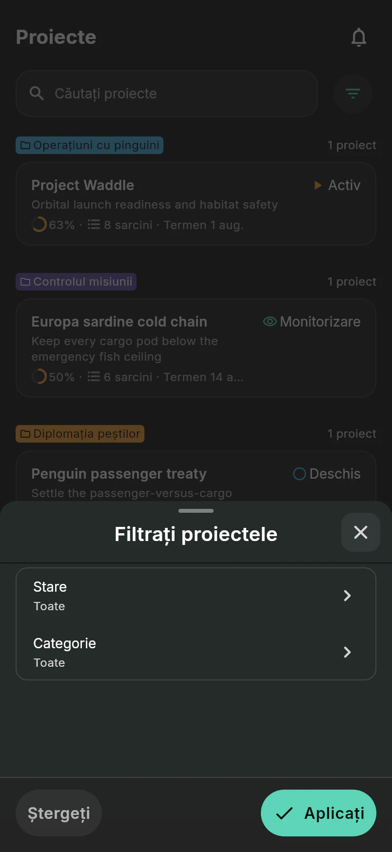 Dialogul de filtrare a proiectelor, cu controale pentru stare și categorie peste lista de proiecte Intergalactic Penguin Logistics