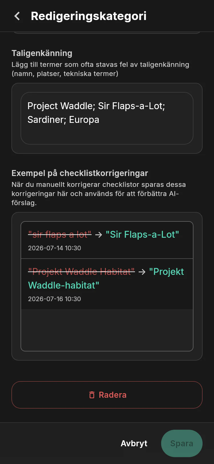 Penguin Operations advanced settings with Project Waddle speech vocabulary and learned checklist corrections for Sir Flaps-a-Lot