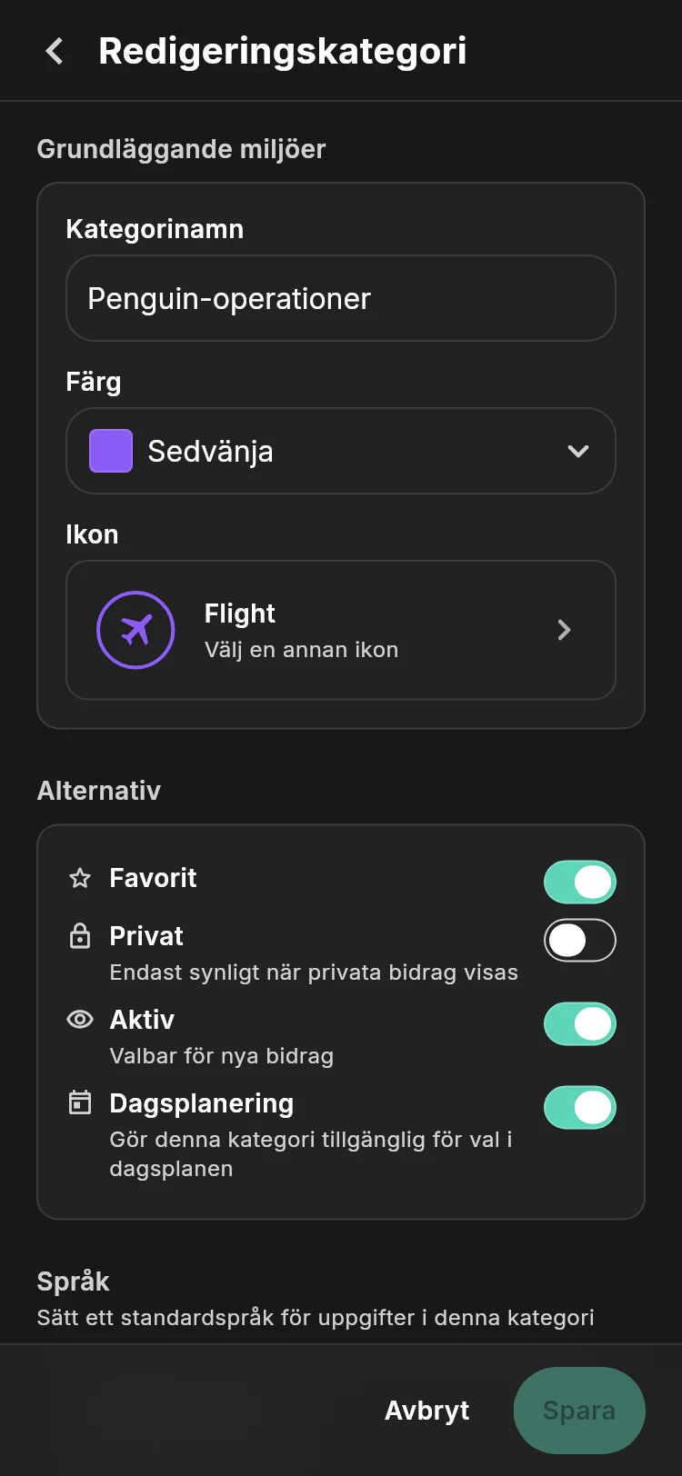 Penguin Operations category editor showing its name, purple flight identity, and favorite, private, active, and day-planning options
