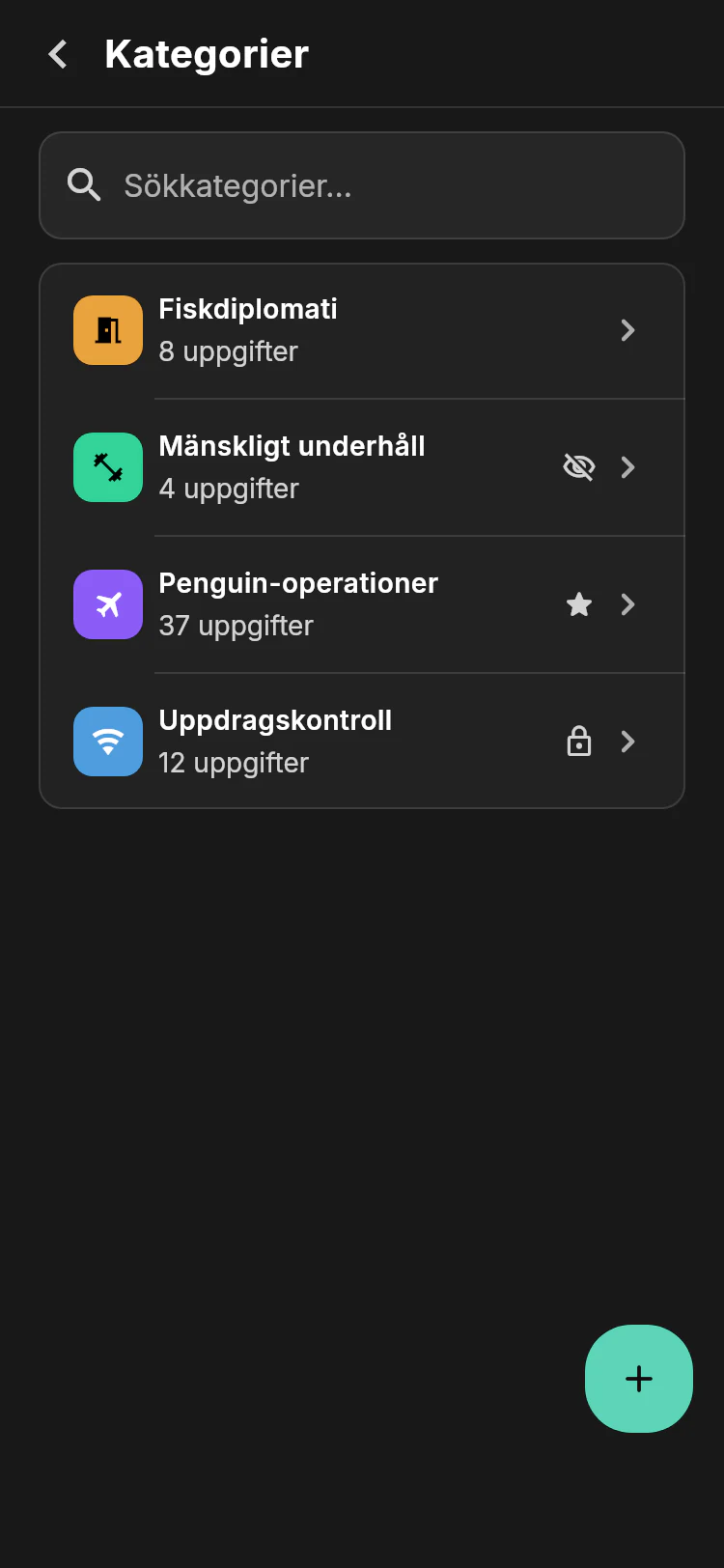 Category settings containing Penguin Operations, Mission Control, Fish Diplomacy, and Human Maintenance with task counts and status icons