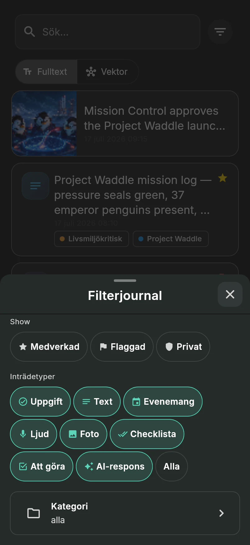 Journal filter dialog with starred, flagged, private, entry-type, and category controls over the penguin logistics feed
