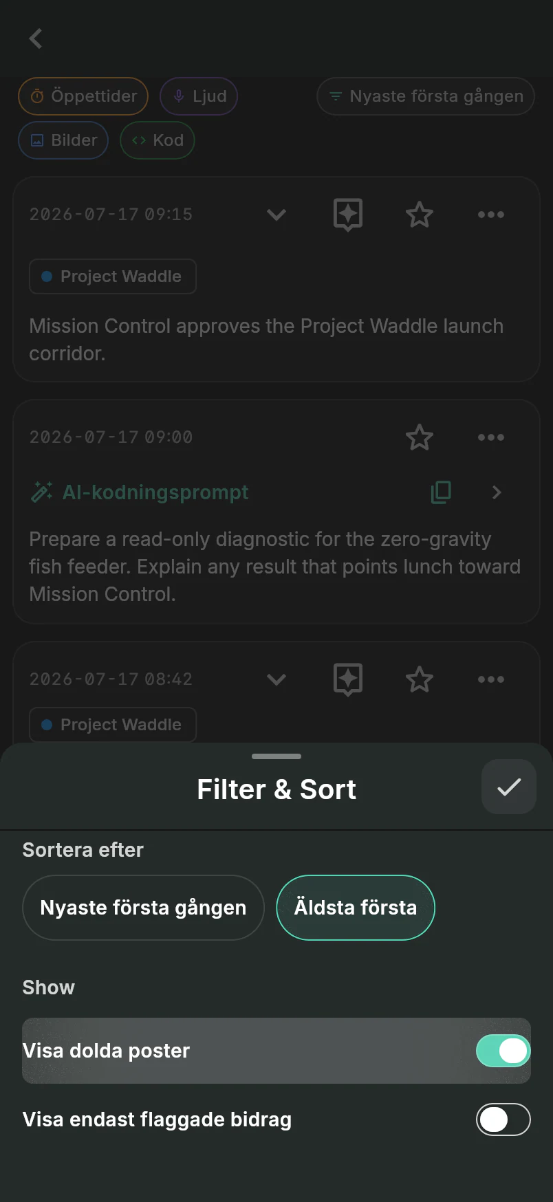 Filter and Sort sheet over Project Waddle linked activity with Oldest first and Show hidden entries selected