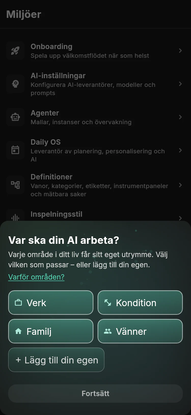 Lotti onboarding work-area chooser with Work, Fitness, Family, Friends, and Add your own choices