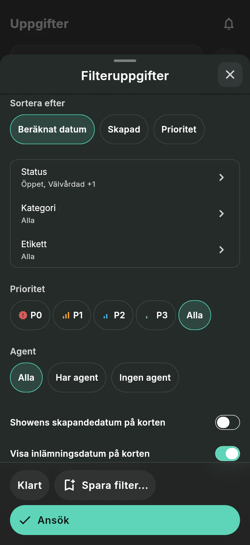Task filter sheet with sort, status, priority, category, and label controls