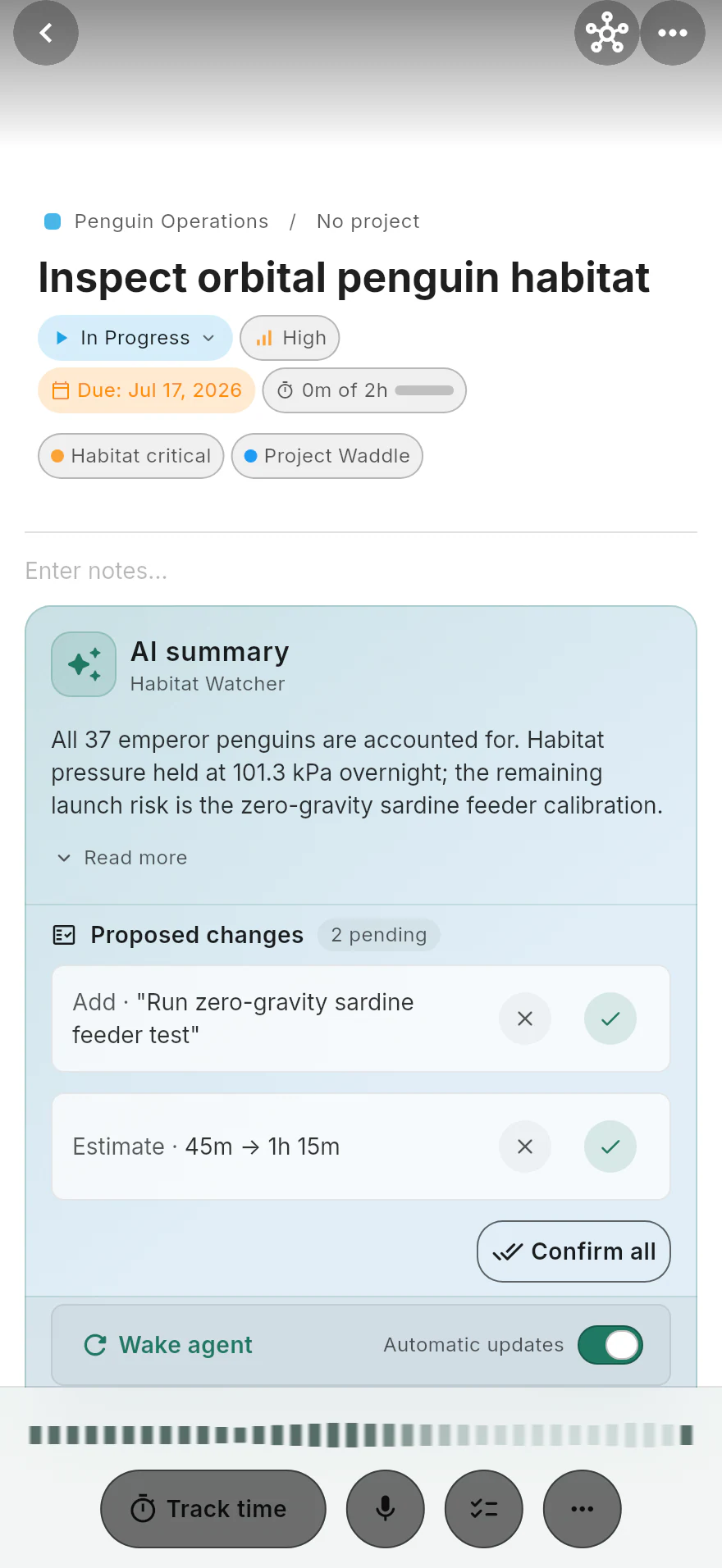 A task agent's report with two proposed changes, each with a dismiss and a confirm control, plus Confirm all and the automatic-updates toggle