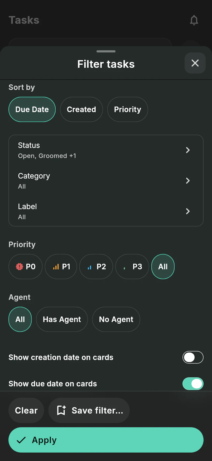 Task filter sheet with sort, status, priority, category, and label controls