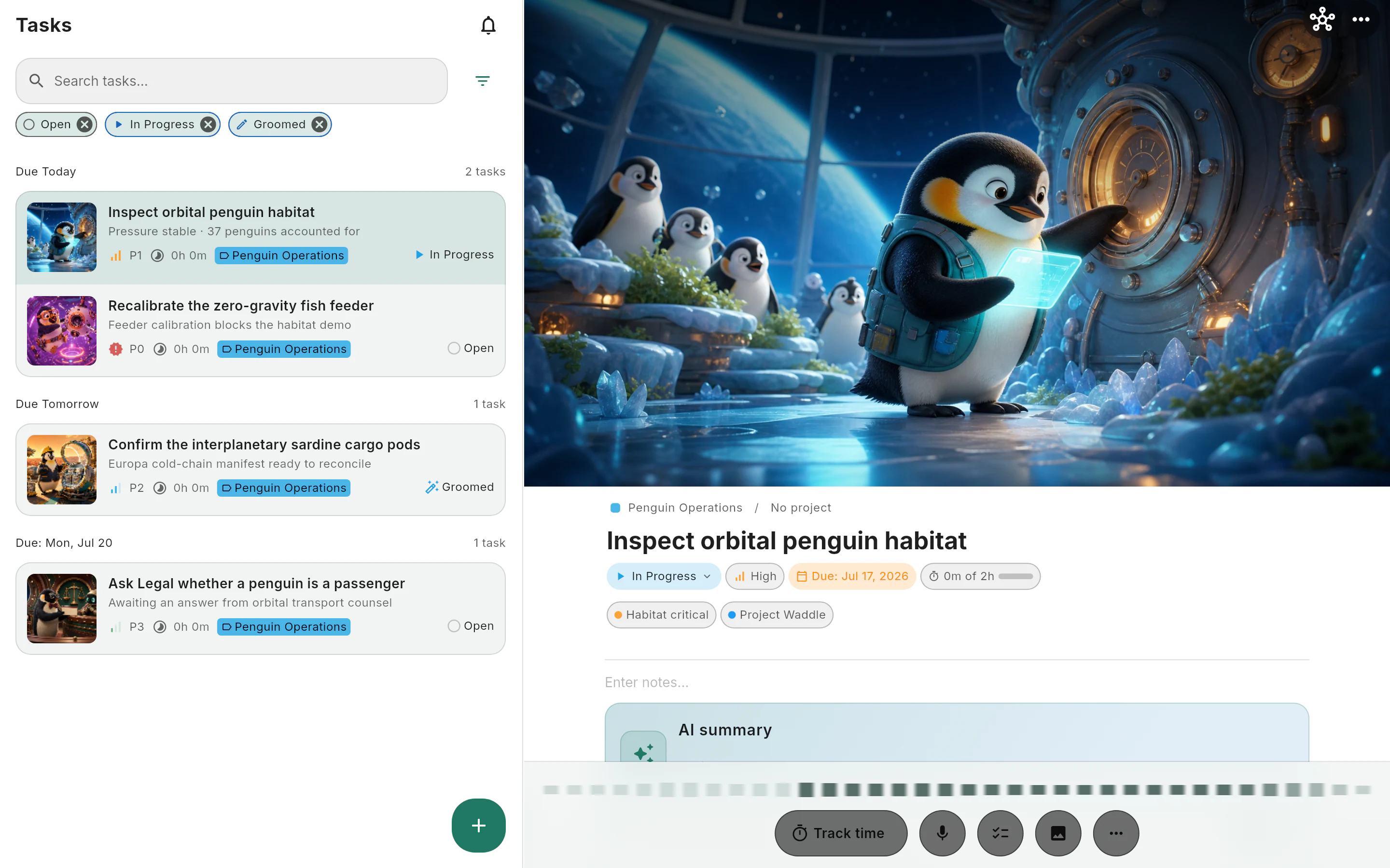 The task workspace: a filtered task list beside an open task with its cover art, status, labels, and AI summary