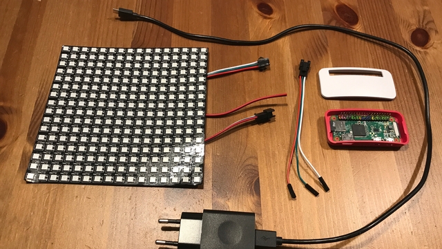 picture of led matrix, cable and plugs, pi zero, power supply