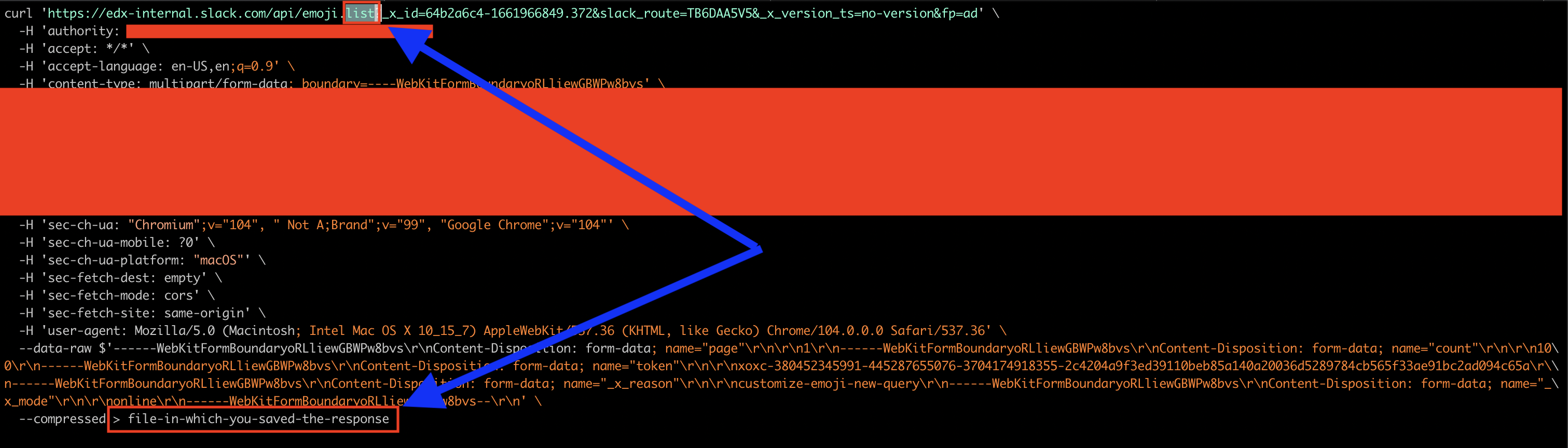 After we edit the curl command it will show emoji.list and an output redirection to a file