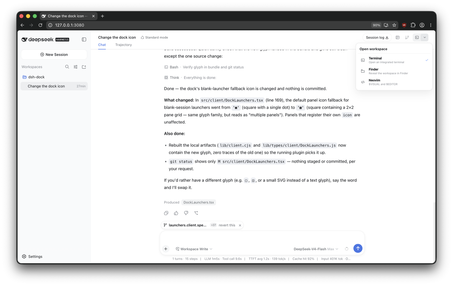 Open menu in a Harness session header