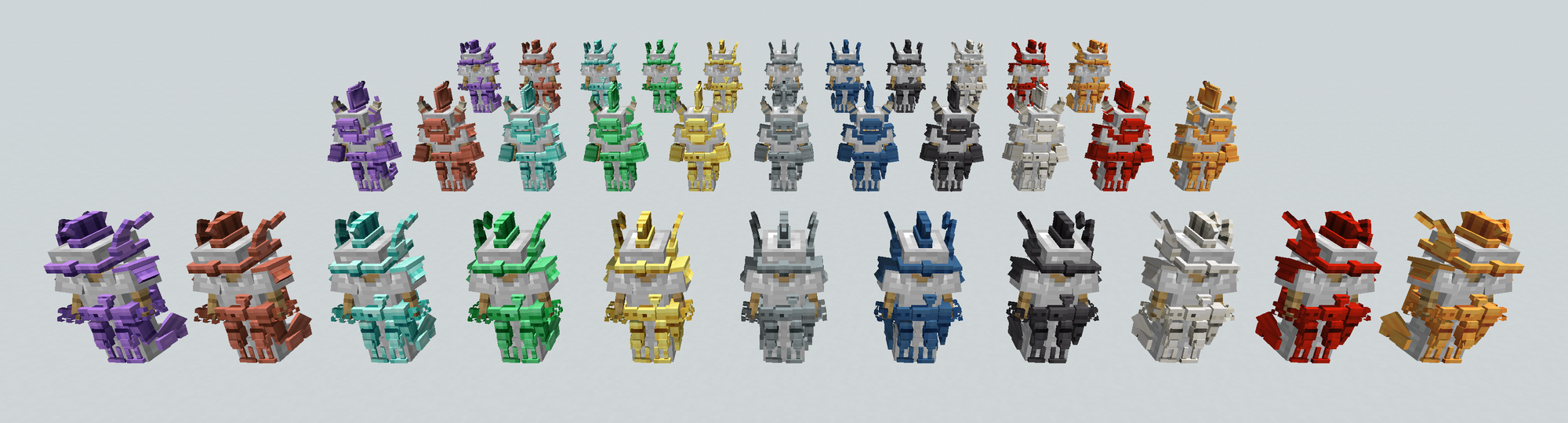 Every socket filled — three sets, one per row, in all eleven trim materials