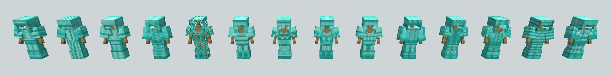 Fourteen armor skins on one diamond suit — the plate itself changed, not something hung on it