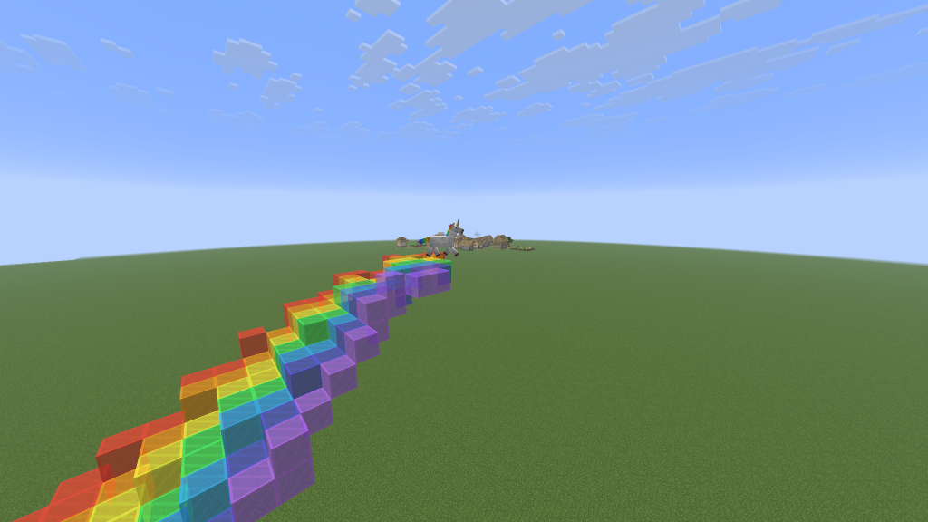 A rainbow bridge laid across the sky, one row of seven bands per block galloped