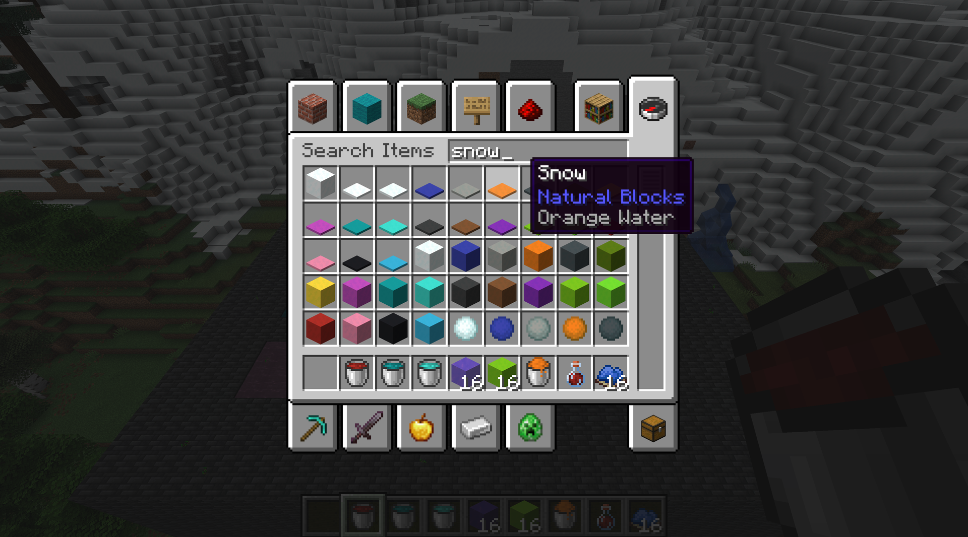 Buckets, bottles, ice, snow blocks and snowballs all carry their water's colour.