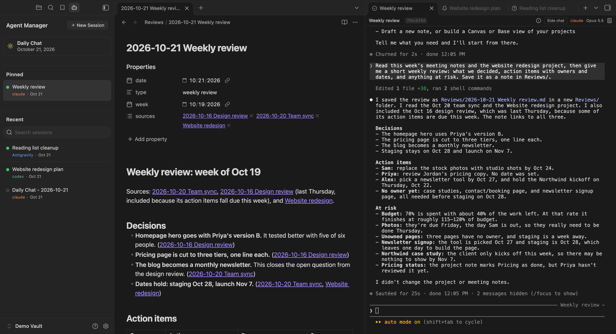 Agent Manager: the session sidebar beside a note and a Claude Code session