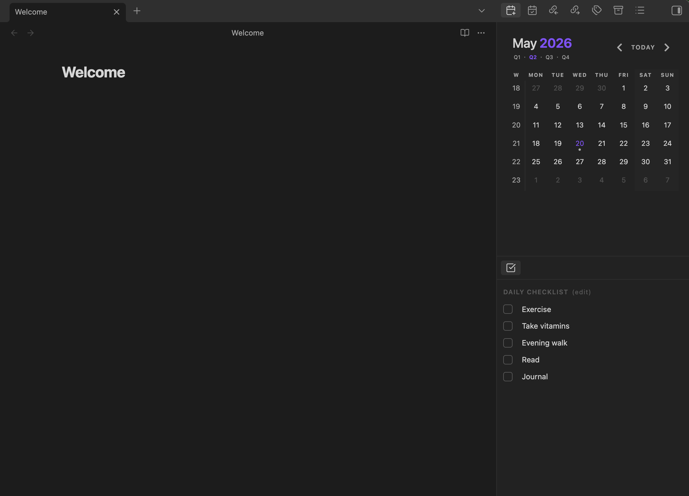 Daily Checklist sidebar in Obsidian