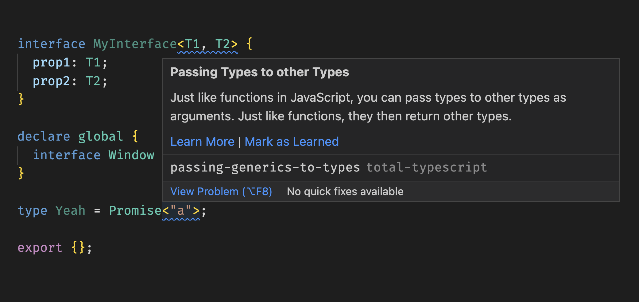 A TypeScript hint showing in a VSCode document