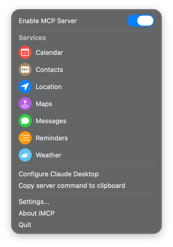 Screenshot of iMCP with all services enabled