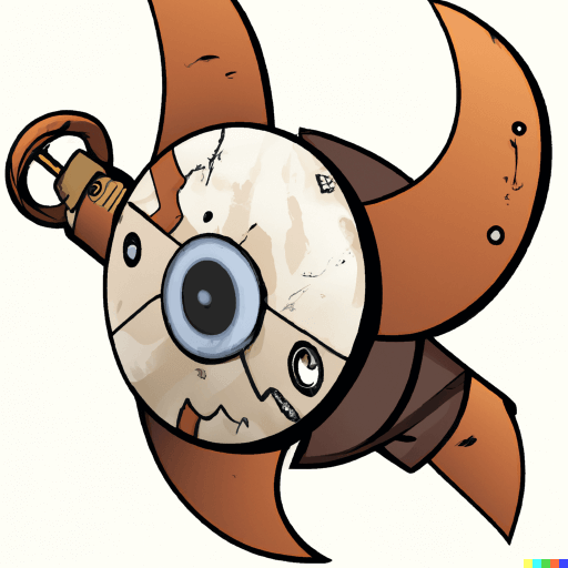 Illustration of a rusty robotic creature with a round body containing a single large eye at the center.  Four rusted blades curve away from its body, ready to cut through even the most deeply-nested data.