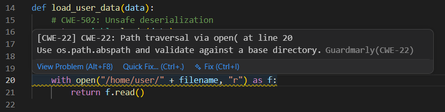 Guardmarly catching CWE-22 path traversal in VS Code