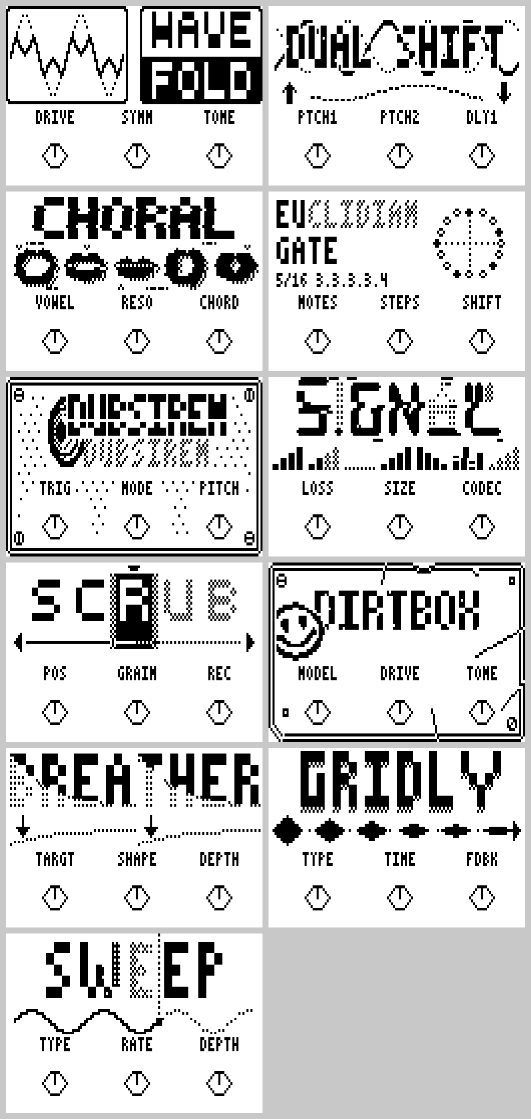 Grid of the eleven effect screen covers as the pedal shows them, each with three knob labels, from WaveFold and DualShift to DirtBox, GridDly and Sweep