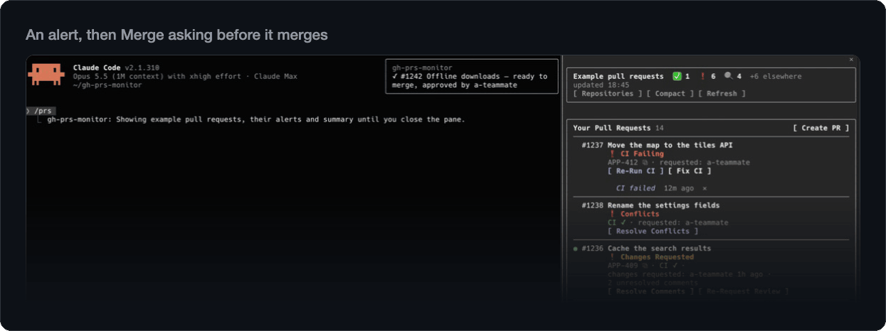 An alert that #1242 can merge arriving beside the pane, then Merge asking before it merges