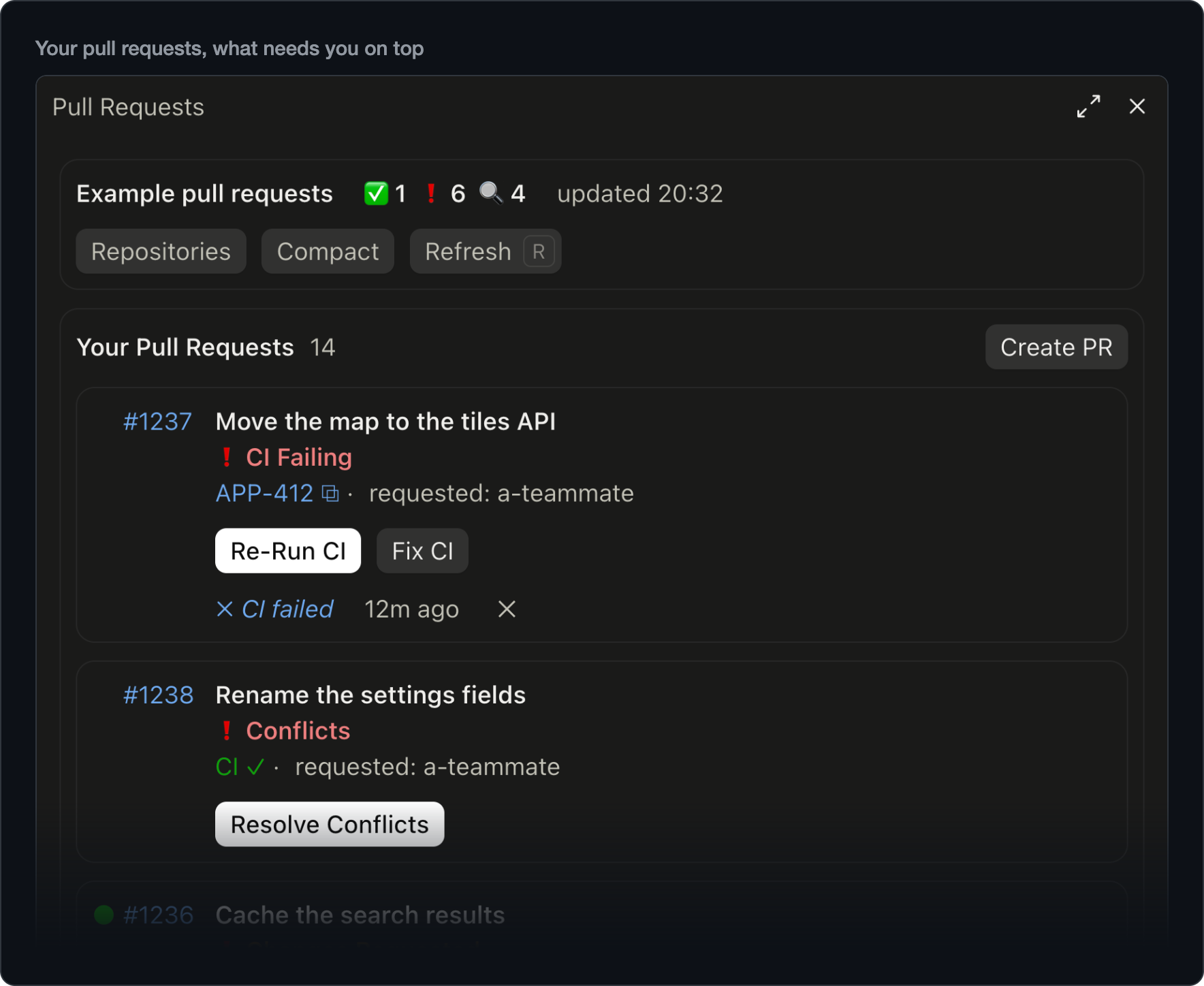 The /prs pane in the Claude desktop app: your pull requests, what needs you on top, each with its status and buttons