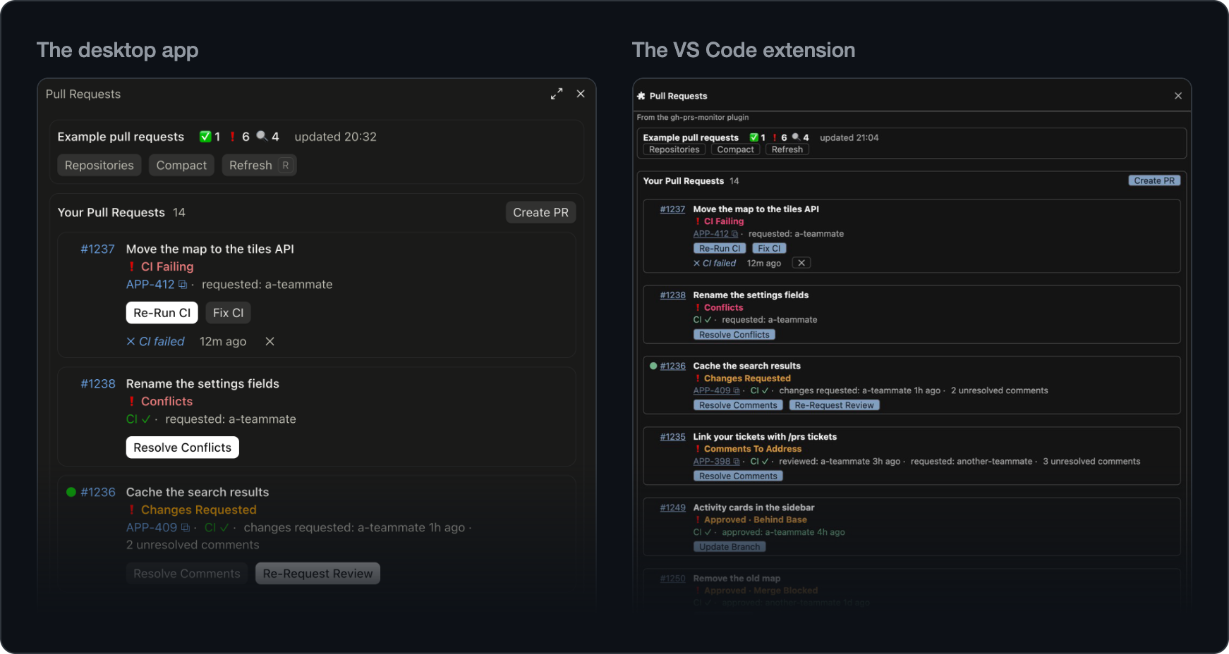 The /prs pane in the Claude desktop app and in the VS Code extension, side by side