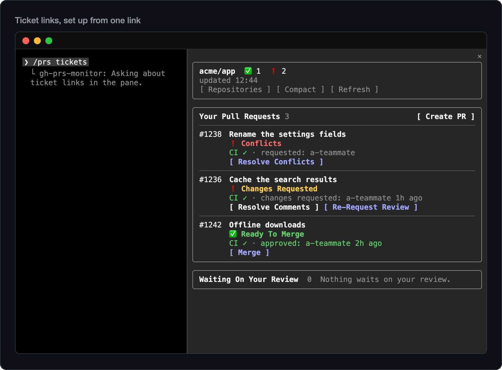 Setting up ticket links with /prs tickets, with example data: a ticket link pasted, the pull request it would link shown, saved, and the ticket on its row
