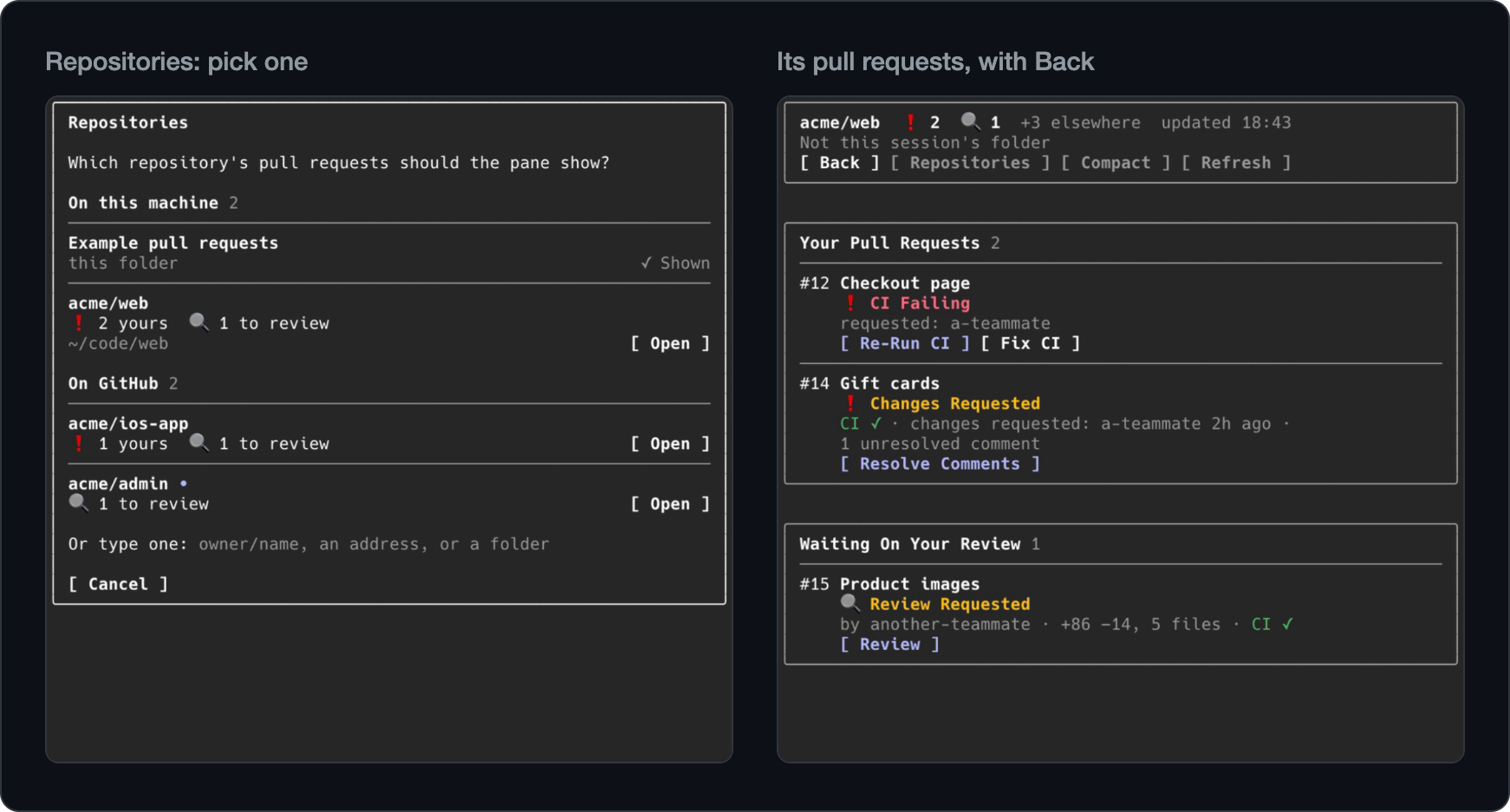 The Repositories picker listing this folder's repository, a clone on this machine and two repositories on GitHub, and beside it acme/web's pull requests shown with Back
