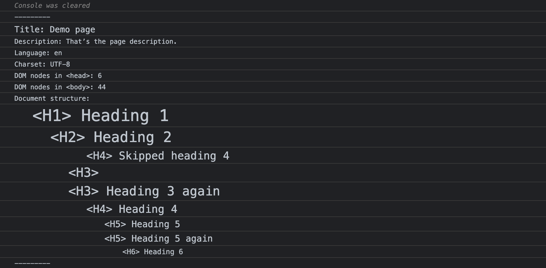 Demo output of the basic document information, including the heading outline that shows empty and skipped headings