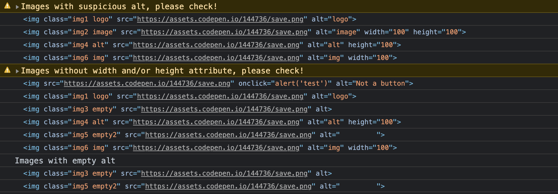 Demo output of the image debugging script that lists images with suspicious and empty alts and images with missing width or height attributes