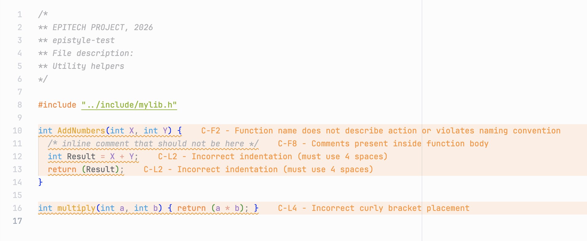 EpiStyle inline diagnostics showing rule codes and descriptions