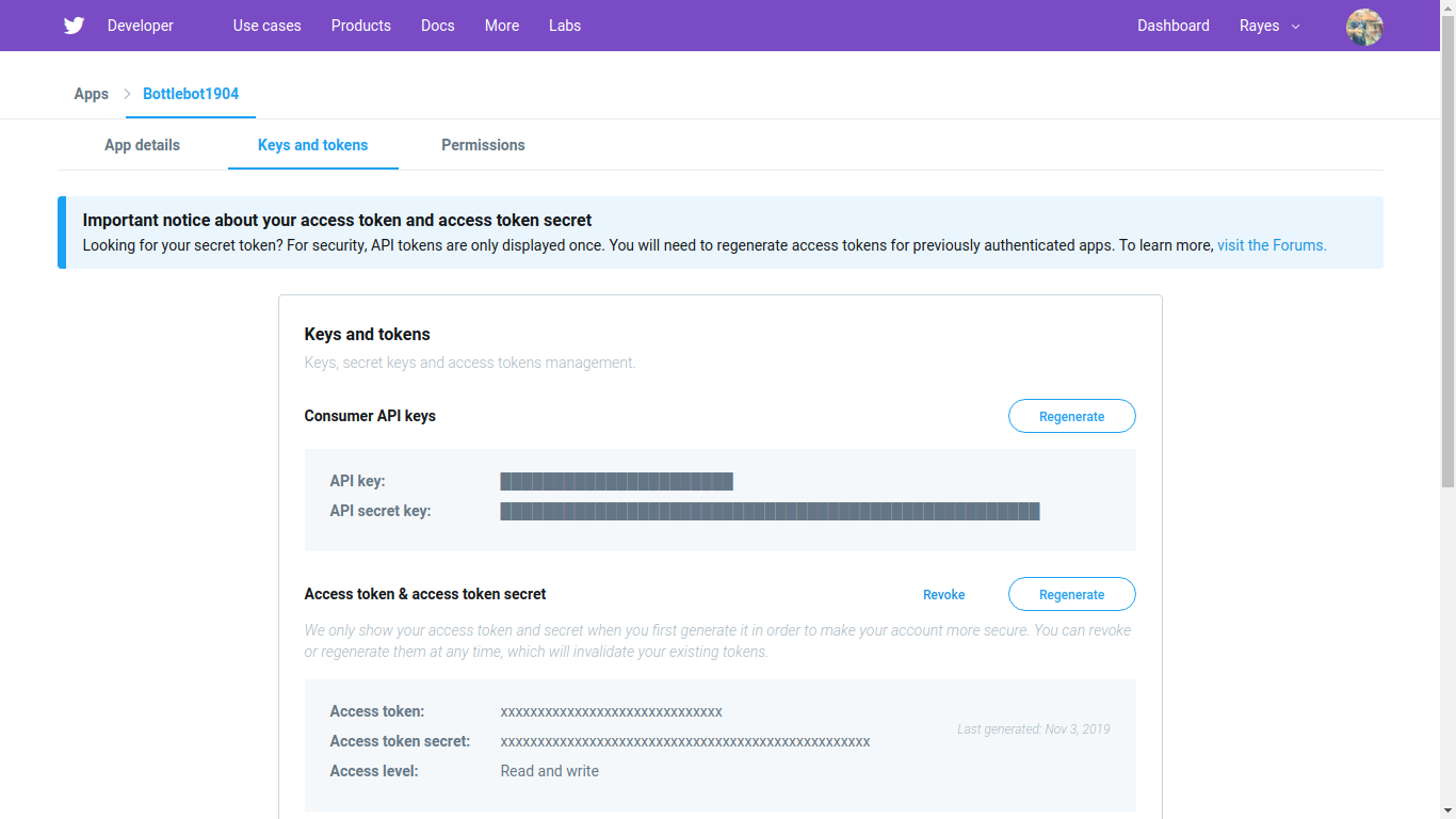 Laman API key aplikasi anda dan access token akun anda