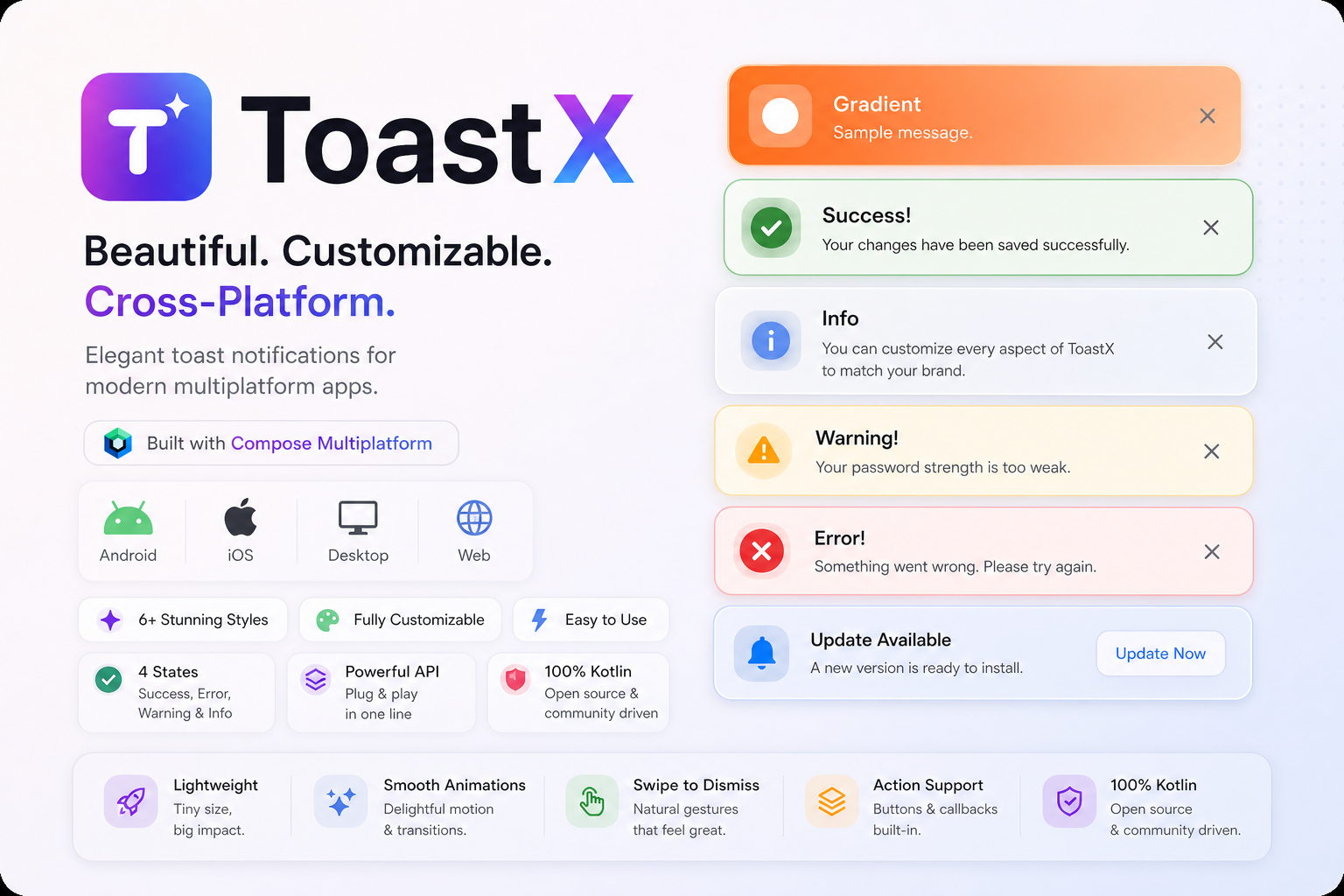 ToastX — Compose Multiplatform toast library: styles, Success Error Warning Info, and platform icons
