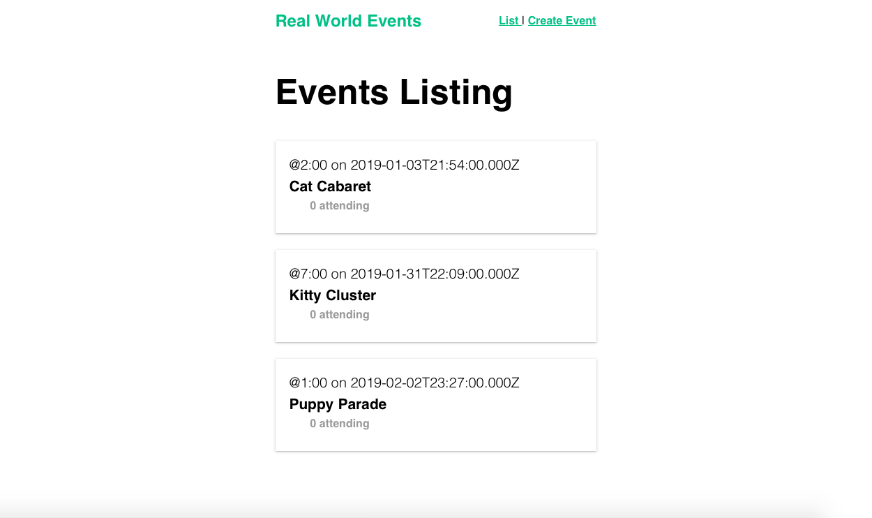 Real World Events webpage populated with several events that displays location, time, and attendees