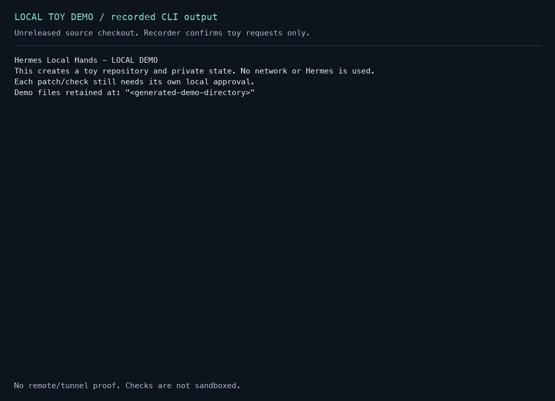 Recorded CLI output of the local toy demo: separate patch and check approvals, followed by a snapshot result