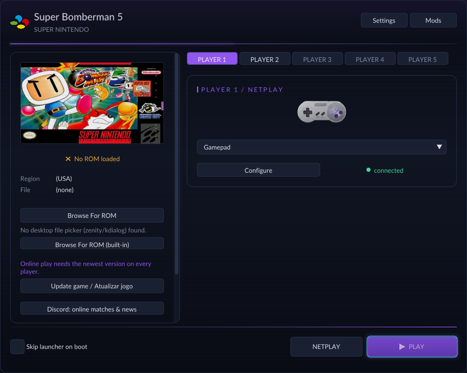 Launcher with the Super Bomberman 5 box art, Update game and Discord buttons